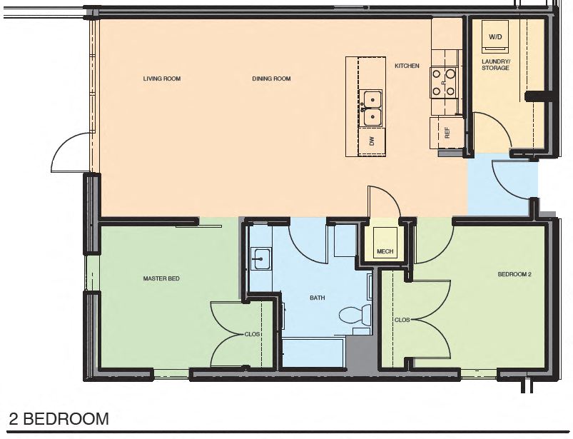 Floor plan for 2 beds, 1 bath, 960 sqft
